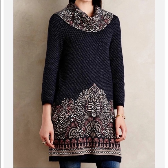 Anthropologie Moth Imperial Garden Wool Blend Cowl Neck Longline Cozy Sweater M - Picture 1 of 6